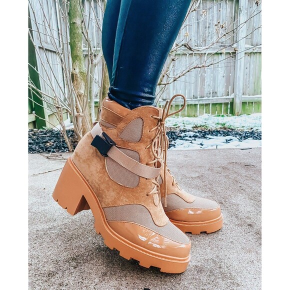 Vivianly Women's Suede Patent Leather Chunky Combat Boots Tactical Tan SIze 8 - Picture 2 of 13